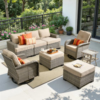 8 Pieces Patio Furniture Set, All Weather Wicker Patio Conversation Set with Swivel Chairs, Outdoor Furniture with Ottoman for Garden, Beige