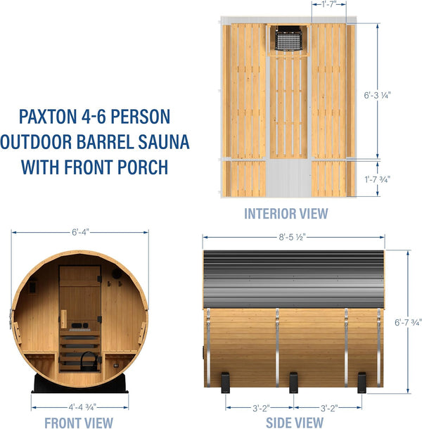 Barrel Sauna Built for All-Weather Use, 9kW Electric Heater, Wi-Fi Control Panel, 5-Year Warranty