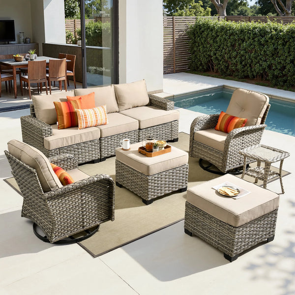 Outdoor Patio Furniture Set Built for All-Weather Use, 8 Pieces, Handwoven Wicker, 360° Swivel Chairs