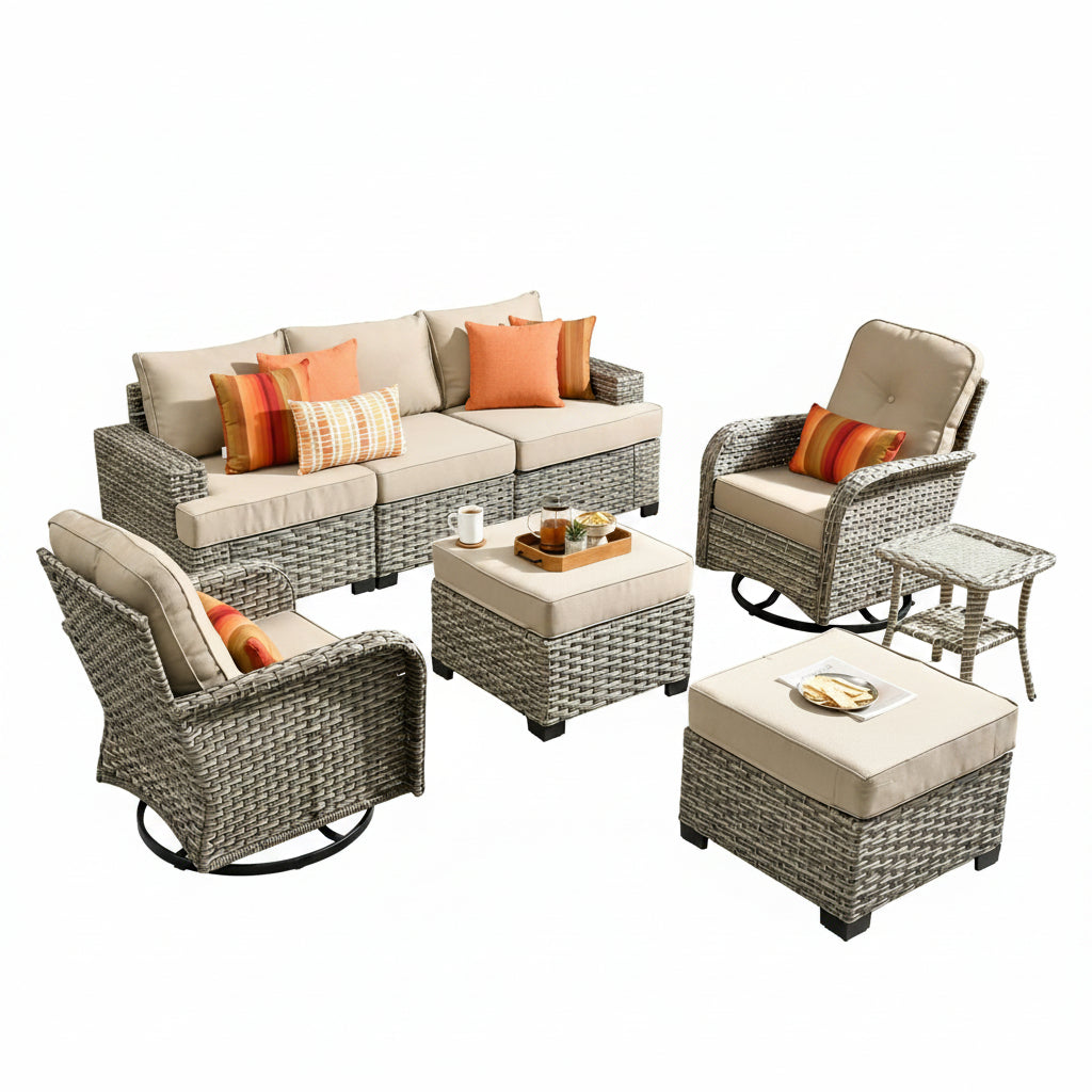 Outdoor Patio Furniture Set Built for All-Weather Use, 8 Pieces, Handwoven Wicker, 360° Swivel Chairs