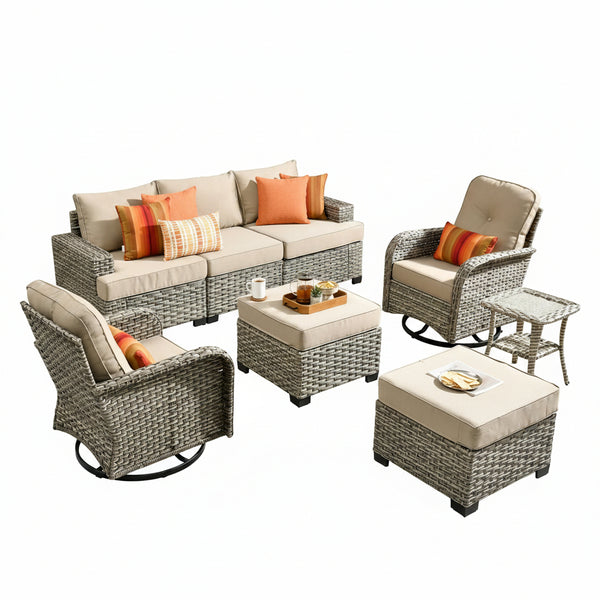 Outdoor Patio Furniture Set Built for All-Weather Use, 8 Pieces, Handwoven Wicker, 360° Swivel Chairs
