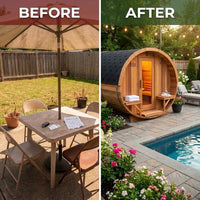 6-Person Patchworkred Cedar Traditional Steam Barrel Sauna — Before & After