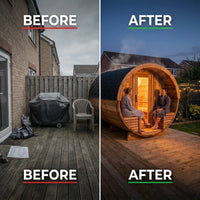 Barrel Sauna Built for Traditional Steam Experience, 6-Person Cedar Wood, 6000W Heater, Indoor Outdoor Use — Before & After