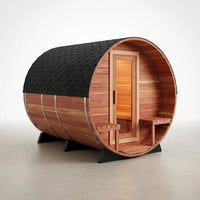 Barrel Sauna Built for Traditional Steam Experience, 6-Person Cedar Wood, 6000W Heater, Indoor Outdoor Use — Studio Shot