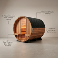 Barrel Sauna Built for Traditional Steam Experience, 6-Person Cedar Wood, 6000W Heater, Indoor Outdoor Use — infographic