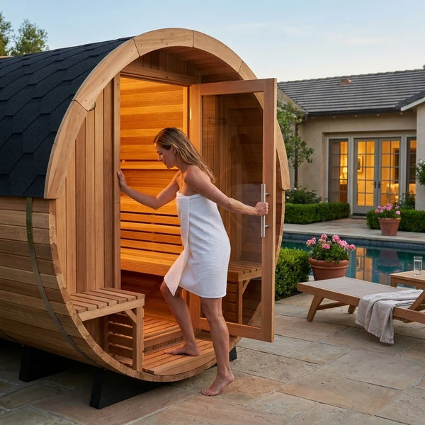 Barrel Sauna Designed for Traditional Steam Experience, 6-Person Cedar Wood, 6000W Heater, Indoor Outdoor Use