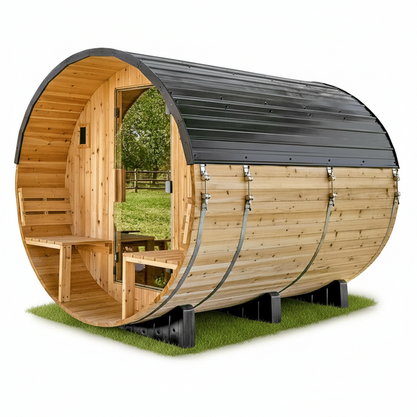 Barrel Sauna Built for All-Weather Use, 9kW Electric Heater, Wi-Fi Control Panel, 5-Year Warranty