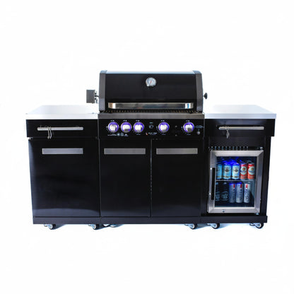Premium 70" Black Stainless Steel Outdoor Kitchen Island with Refrigerator + 32"W 4-Burner BBQ Grill with Rear Burner