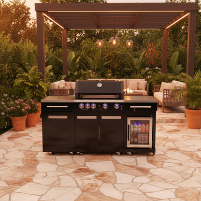 Premium 70" Black Stainless Steel Outdoor Kitchen Island with Refrigerator + 32"W 4-Burner BBQ Grill with Rear Burner